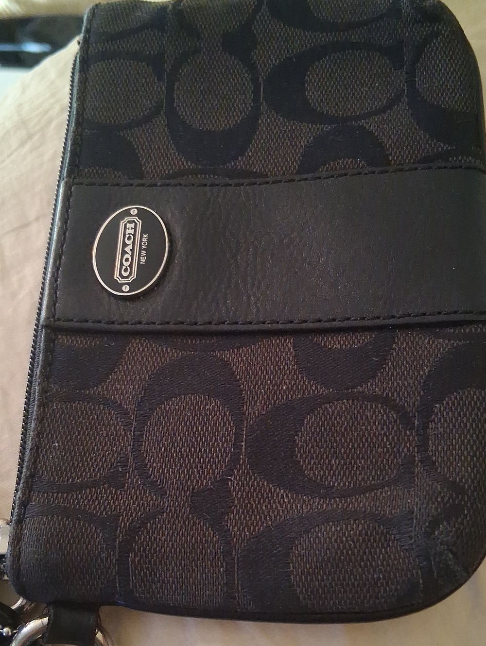 Coach Black Signature Canvas Wristlet with Leather Trim